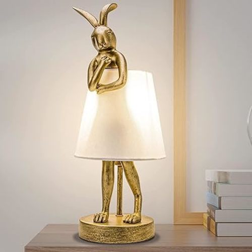 Bunny Table Lamp, Resin Rabbit Desk Light, Animal Lamps with Linen Shade, Vintage Antique Gold Main Part (White Lamp Shade)