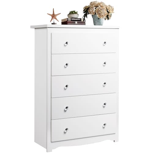 WLIVE White 5 Drawer Wood Dresser, Wooden Chest of Drawers for Bedroom, Storage Cabinet and Organizer Drawers for Living Room, Hallway, Closet, Measuring 15.75" W*31.50" D*45.35" H