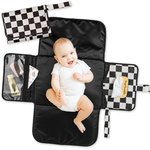 Tiny Twinkle Portable Diaper Changing Pad | Waterproof, Wipeable & Compact Baby Changing Pad for Travel | Smart Wipes Pocket & Organized Storage| Newborn Shower Gift (Black Checkers)