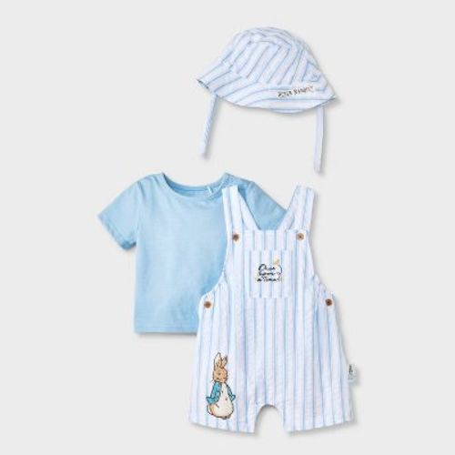 Baby Boys' 3pc Peter Rabbit Short Sleeve Overalls Set With Hat - Blue 0-3m