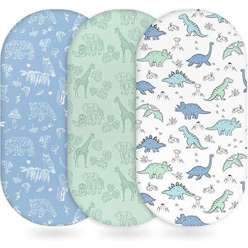 Baby Bassinet Sheets Girl Boy, Fitted Bassinet Sheet Set 3 Pack Bassinet Mattress Sheets Universal Fit for Rectangle, Round, Oval, Hourglass Mattress, Soft Breathable Green & Blue Dinosaur