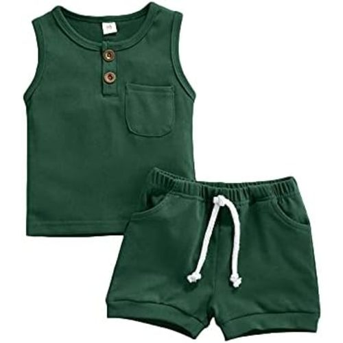 Summer Toddler Baby Boy Girl Clothes Set Unisex Waffle Outfits Solid Short Sleeve Pocket Tops Shorts 2PCS
