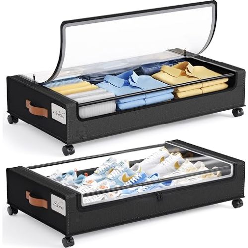 Yecaye 60L Under Bed Storage with Wheels, 2 Pack Under Bed Storage Containers, Under Bed Shoe Storage with Clear Window & Label, Rolling Under Bed Metal Drawer for Clothes, Shoes,Toys, Books, Black
