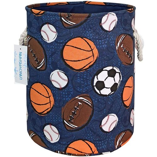 Round Thick Navy Ball Game Laundry Basket Collapsible Organizer Boys Girls | Canvas Foldable Storage Hamper Sturdy Rope Handles for Household Gift Baskets Bedroom Clothes Toys Children Nursery