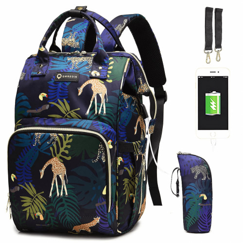 Diaper Bag Backpack, Animal Print Travel Nappy Bag with USB Charging Port Stroller Straps and Insulated Pocket For Women/Mum (Animal Print Pattern)