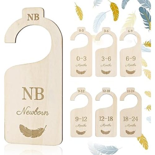 Baby Closet Dividers for Clothes Organizer, Set of 7 Wooden Hanger Organizer from Newborn to 24 Month, Double-Sided Baby Clothes Size Dividers for Nursery Decor and Organization