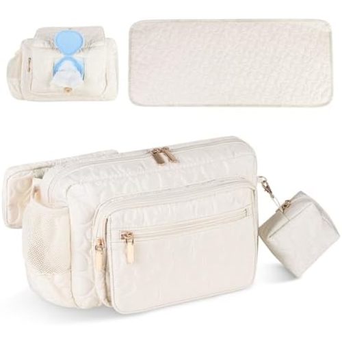 Fanny Pack Diaper Bag with Portable Changing Pad, Adjustable Crossbody Waistpack for Women, Mini Compact Baby Essentials Organizer for Travel, Picnics, Daily Use (Off White)