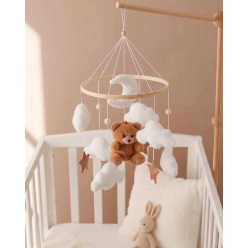 Wooden Bear Crib Mobile, Neutral Clouds Moon Nursery Decor, Felt Baby Bed Mobile