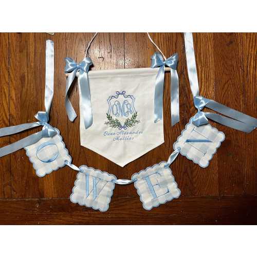 Nursery Decor Set, Heirloom Nursery Sign, Heirloom Nursery Banner Gift Set, Scallopped Baby Name Banner and Door Sign, Custom Embroidered
