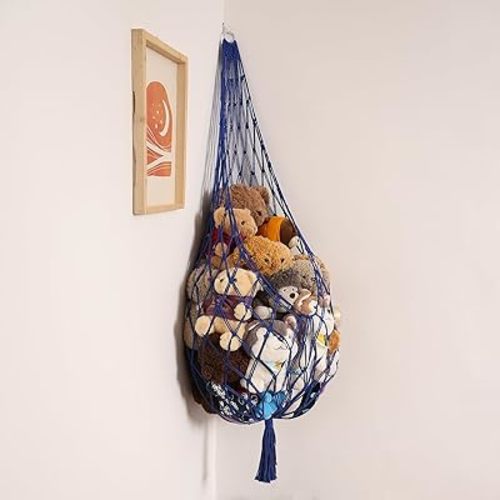 Stuffed Animal Storage Toy Hammock Corner Hanging Net for Stuff Animal Storage Macrame Toy Display Plushie Toy Holder-Wall Hanging Net for Kid Bedroom Decor Playroom Organizer (Blue)