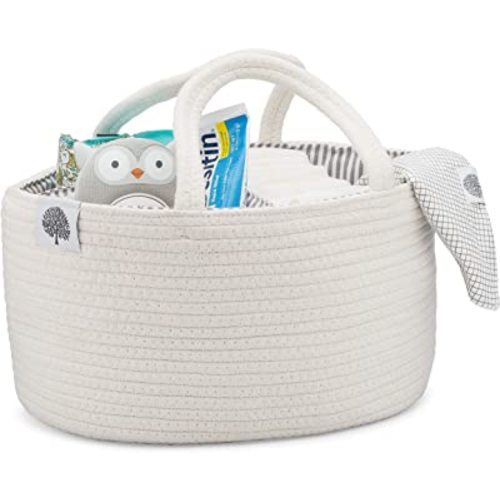 Parker Baby Rope Diaper Caddy Organizer - Nursery Storage Bin and Car Organizer for Diapers and Baby Wipes - Diaper Organizer for Baby Essentials, Baby Shower Gifts - White