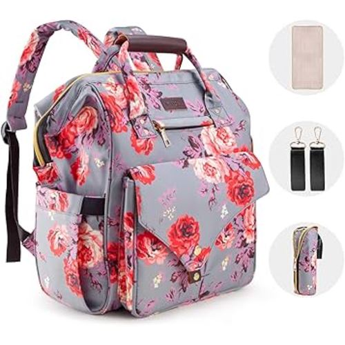 Kaome Diaper Bag Backpack, Upgraded Large Capacity Multifunction Nappy Bags, Waterproof Baby Bag Floral Insulated Sturdy Travel Maternity Back Pack for Baby Girls with Diaper Pad Bottle Bag