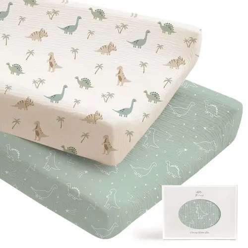 Konssy 2 Pack Muslin Changing Pad Covers for Boys, Ultra Soft & Breathable Cotton Baby Diaper Changing Table Covers, Neutral Nursery Diaper Changing Pad Sheets (Dino Jungle,Sage Dino