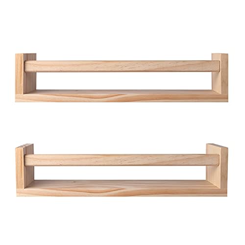 BIROLA Nursery Shelves,Set of 2 Naturel Wood Floating Wall Bookshelf for Kids,Nursery Shelves for Wall,Bathroom Decor, Kitchen Spice Rack (Burlywood)