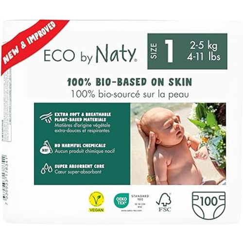 Eco by Naty Eco-Friendly Baby Diapers Newborn - 100% Plant-Based Materials on Skin, Extra Soft, for Sensitive Skin & Super Absorbent (Size 1, 100 Count)