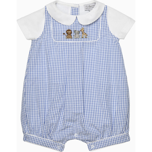 Jasper Lion Romper, Pale Blue Gingham - Trotters London | Maisonette