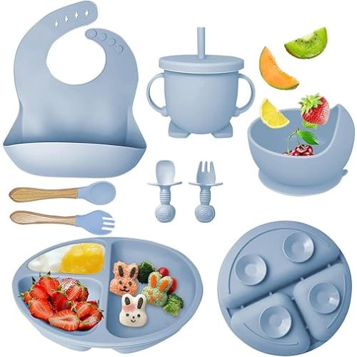 Silicone Baby Feeding Set, Baby Led Weaning Supplies with Suction Bowl Divided Plate, Toddler Self Feeding Dish Set with Spoons Forks Sippy Cup Adjustable Bib, Baby Eating Utensils(Grey Blue)
