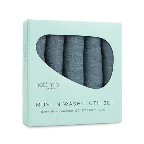 Natemia Muslin Baby Washcloths for Newborn - Premium Wash Cloths for Babies, Super Absorbent and Ultra Soft Rayon Made from Bamboo, 6 Layer Baby Girl and Baby Boy Washcloths, 5 Piece Set