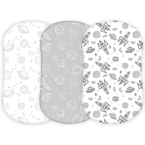 TansyPanda Bassinet Sheets for Halo Bassinest Swivel, Flex, Glide, Premiere and Luxe Series Sleeper, Pack of 3, 33 X 17 Inch, Ultra Soft and Snug Fit, Unisex Boys Girls, Gray White (Space Rockets)
