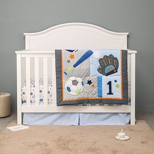 2 PCs Grey Blue Sports Themed Nursery Crib Bedding Set Baby Boy Baseball Football Cot Bedding Set Quilt Fitted Sheet