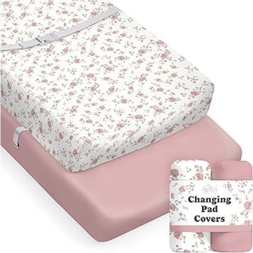 Sorrel + Fern Baby Changing Pad Cover 2-Pack for Girls (Juliette) - Premium Fitted Sheets Baby Diaper Changing Table Cover - Buttery Soft Cotton Blend