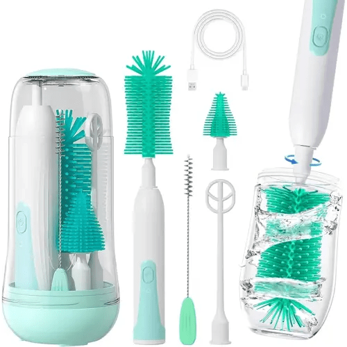 Electric Bottle Brush Cleaner, Electric Baby Bottle Cleaner with Replaceable Silicone Bottle Brushes,Nipple and Straw Brush, Travel Bottle Brush Set with Drainage Rack and Storage Box