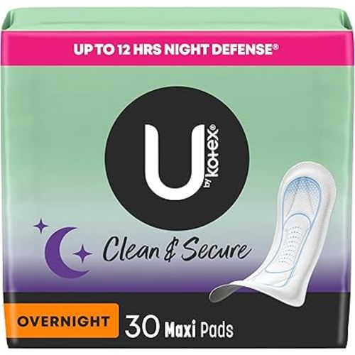 U by Kotex Clean & Secure Overnight Maxi Pads, 30 Count (Packaging May Vary)