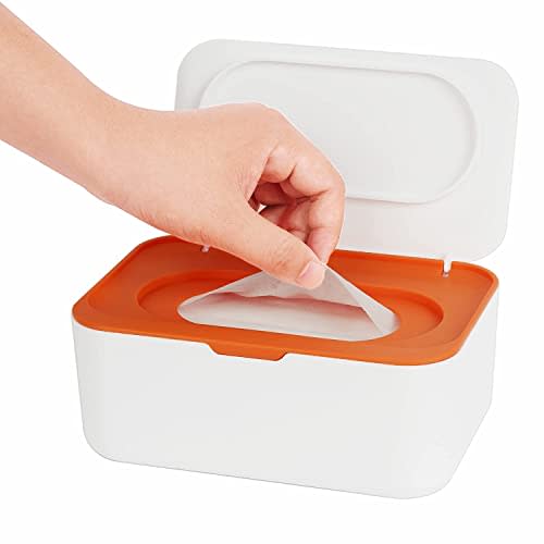 Wipes Dispenser, Wipe Holder for Baby & Adult, Seposeve Refillable Wipe Container, Keeps Wipes Fresh, One-Handed Operation. Non-Slip, Easy Open/Close Wipes Pouch Case, Light Orange