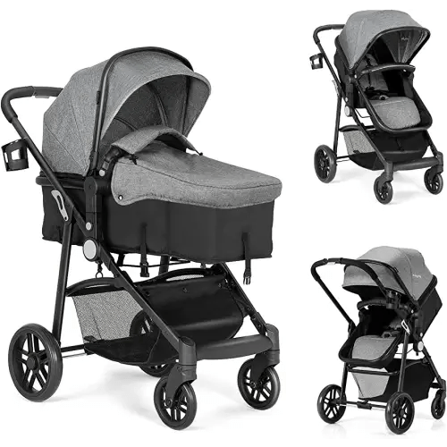 BABY JOY Baby Stroller, 2 In 1 Convertible Carriage Bassinet to Stroller, Pushchair with Foot Cover, Cup Holder, Large Storage Space, Wheels Suspension, 5-Point Harness (Gray)