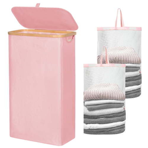 BGTREND Slim Laundry Hamper with Lid 75L Foldable Clothes Basket with 2 Removable Mesh Bags & Bamboo Handle for Closet Bathroom Bedroom (27.5 inches, Pink)