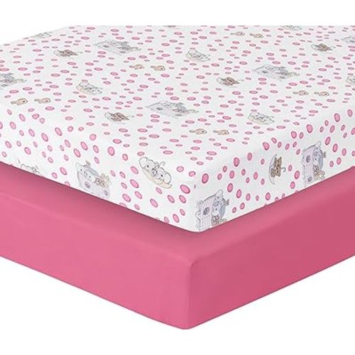 Precious Moments Noah’s Ark Fitted Crib Sheet 2 Pack for Baby Girl by Everyday Kids; 1 Animals on the Ark Printed Crib Sheet and 1 Solid Bright Pink; Adorable Wildlife Elephants, Giraffes, Bears Print