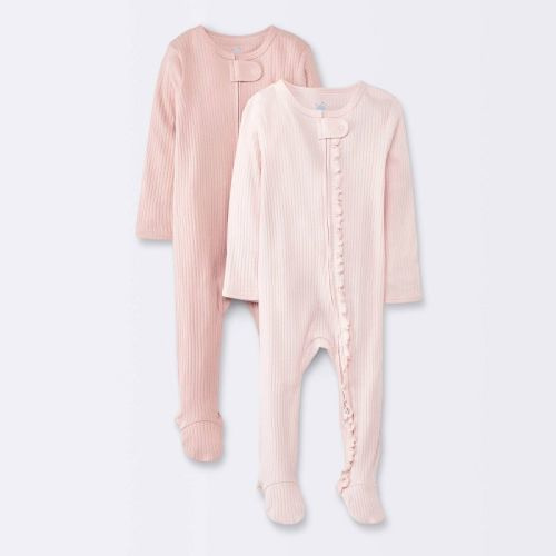 Baby Girls' 2pk Solid Wide Ribbed Sleep N' Play - Cloud Island™ Pink 6-9M: Footed Pajamas, Two-Way Zipper