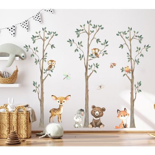 Woodland Tree Nursery Wall Decal, Watercolor Forest Animals Wall Sticker, Nursery Mural, Forest Wall Decal, Peel and Stick Tree Decal