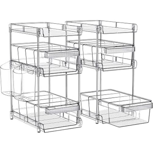 Clear Bathroom Organizers 2 Sets 3 Tier, Stackable Under Kitchen Sink Organizers and Storage with 12 Dividers, acrylic pantry organizers shelf, Multi Purpose Pull Out Home Organizer with 2 Cups