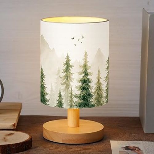 VIHOSE Pine Tree Bedside Table Lamp Forest Table Lamp Vintage Nightstand with Linen Fabric Shade Solid Wood Base Decoration for Kids Living Room Bedroom Desk Dorm