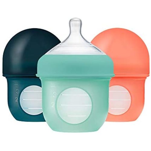 Boon, NURSH Reusable Silicone Pouch Bottle, Air-Free Feeding, 4 Ounce with Stage 1 Slow Flow Nipple (Pack of 3), Blue