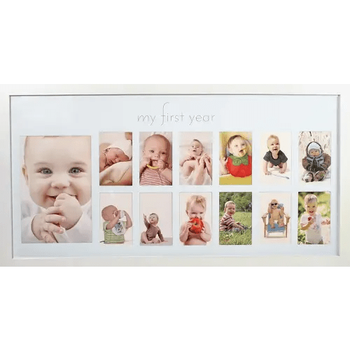 Baby's First Year Frame in Elegant White Natural Wood - My First Year Baby Picture Frame for Photo Memories (White)