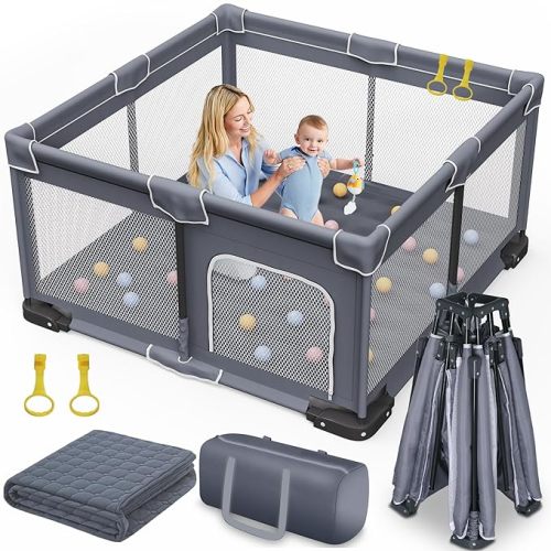 Foldable Baby Playpen with Mat, 50"x50" Folding Playpen for Babies and Toddlers, Sturdy Safety Play Yard with Gate, Portable Kid's Play Pen with Bag