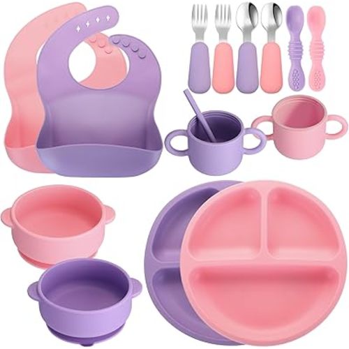 16 Pcs Baby Led Weaning Supplies Silicone Baby Feeding Set Plates with Suction Utensils with Divided Adjustable Bib Bowl Cutlery Snack Cup Spoons Straw 6 Months+(Purple, Pink)