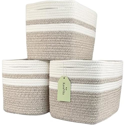 Cotton Rope Baskets for Organizing and Storage, Woven Decorative Baskets for Shelves, Books, Closets. Storage Bins for Living Room, Bedroom | Pack of 3 | Beige