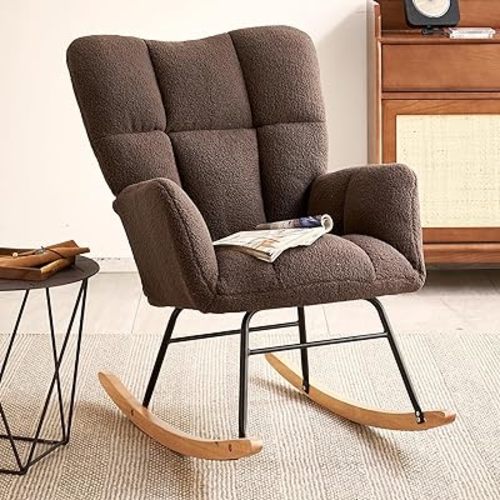Virabit Rocking Chair Nursery,High Backrest Teddy Nursery Rocker, Modern Accent Recliner for Living Room, Bedroom, Cozy Reading,Dark Brown