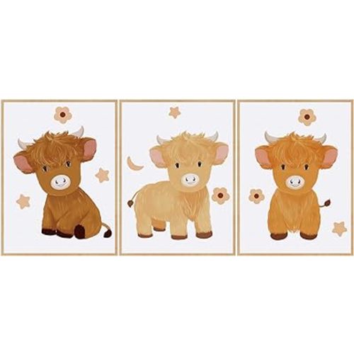 Geyoga 3 Pcs Baby Highland Cattle Canvas Wall Decor Art Watercolor Highland Baby Cow Nursery Decor Picture Animal Farm Cow Painting Prints Furry Cow New Mom Gifts for Boys and Girls Room, 12 x 16 Inch
