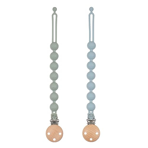 Dirbabi Silicone Pacifier Clips for Baby, 2-in-1 One Piece Design Pacifier Holder & Teething Ring Toy, BPA Free, 2 Pack (Sage+Ether)