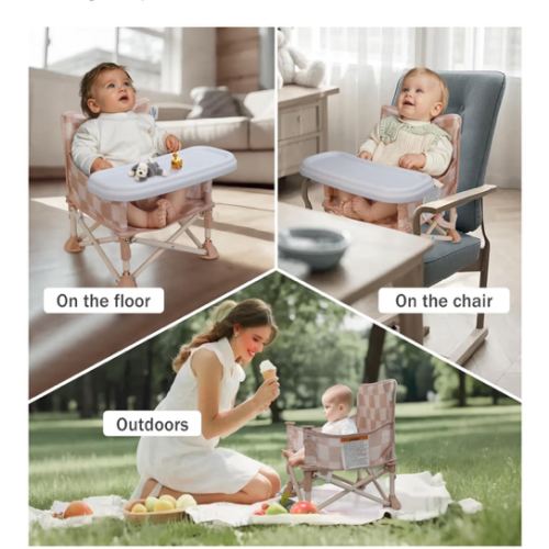 Tiny Marvels Portable 3-in-1 Baby Chair, Cozy Booster Seat, Baby Seat with Tray, Compact Foldable, Toddler Chair with Child Safety Belt Carry Bag, Perfect for Travel (Sand Checker)