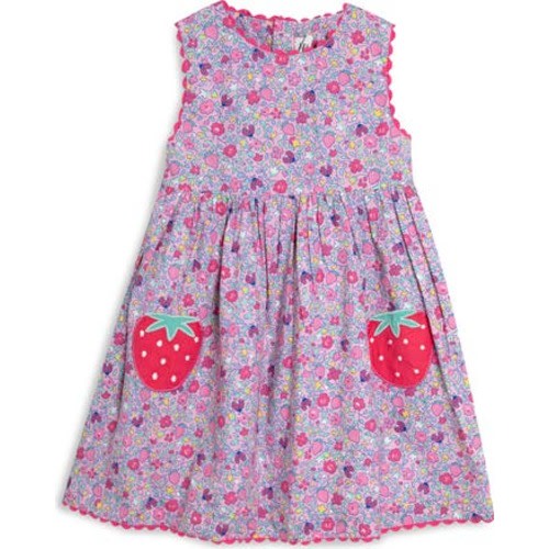 Floral Strawberry Appliqué Sleeveless Cotton Dress, 6-12M