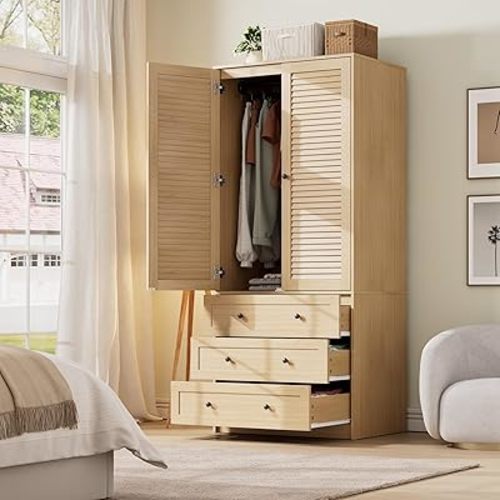 GarveeHome Armoire Wardrobe Closet with Drawers, 69.5 in Wooden Wardrobe Cabinet with Hanging Rod, 2 Doors Clothing Storage Cabinet for Bedroom, Large Capacity Storage, Louvered Door, Natural