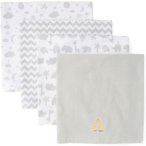 Spasilk 4 Pack Cotton Flannel Receiving Blankets, Grey Animals