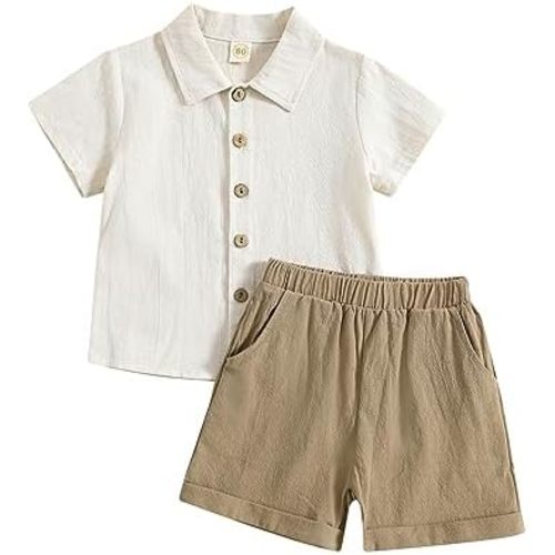 Toddler Baby Boy Linen Outfit Button Down Shirt Plain Shorts Cute Infant Newborn Photoshoot Clothes Summer 2Pcs Set