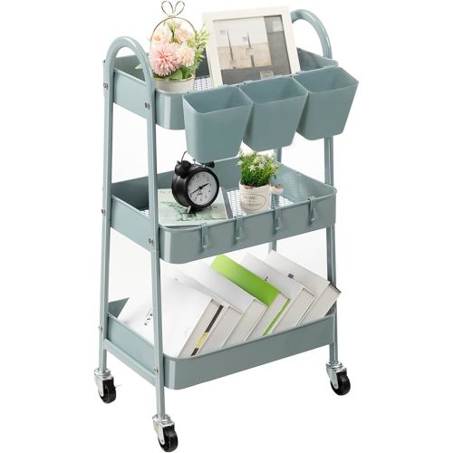 danpinera 3-Tier Rolling Cart, Metal Rolling Storage Cart with Lockable Wheels & Hanging Cups & Hooks, Mobile Trolley Cart for Kitchen, Bathroom, Office, Workshop, Gray Blue