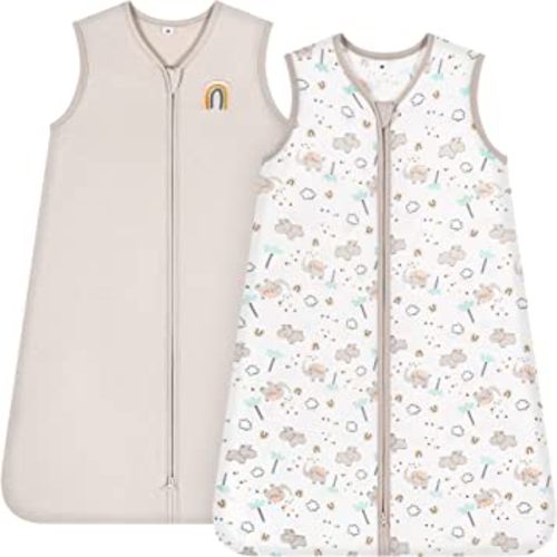 TILLYOU Sleep Sack 2 Pack - Baby Wearable Blanket with 2-Way Zipper, Extra Soft Cotton Sleeveless Sleeping Bag for Infants, 0-6 Months, Happy Forest & Nude